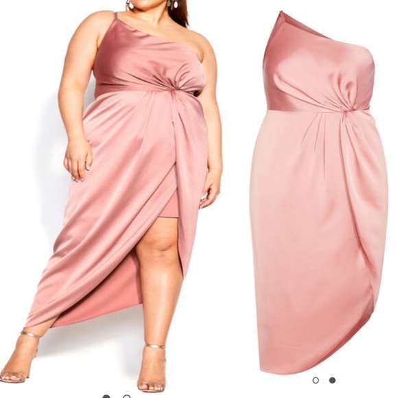 City Chic One Shoulder Sensual Satin Evening Tulip Hem Dress: Baby Blush Pink - Picture 3 of 10